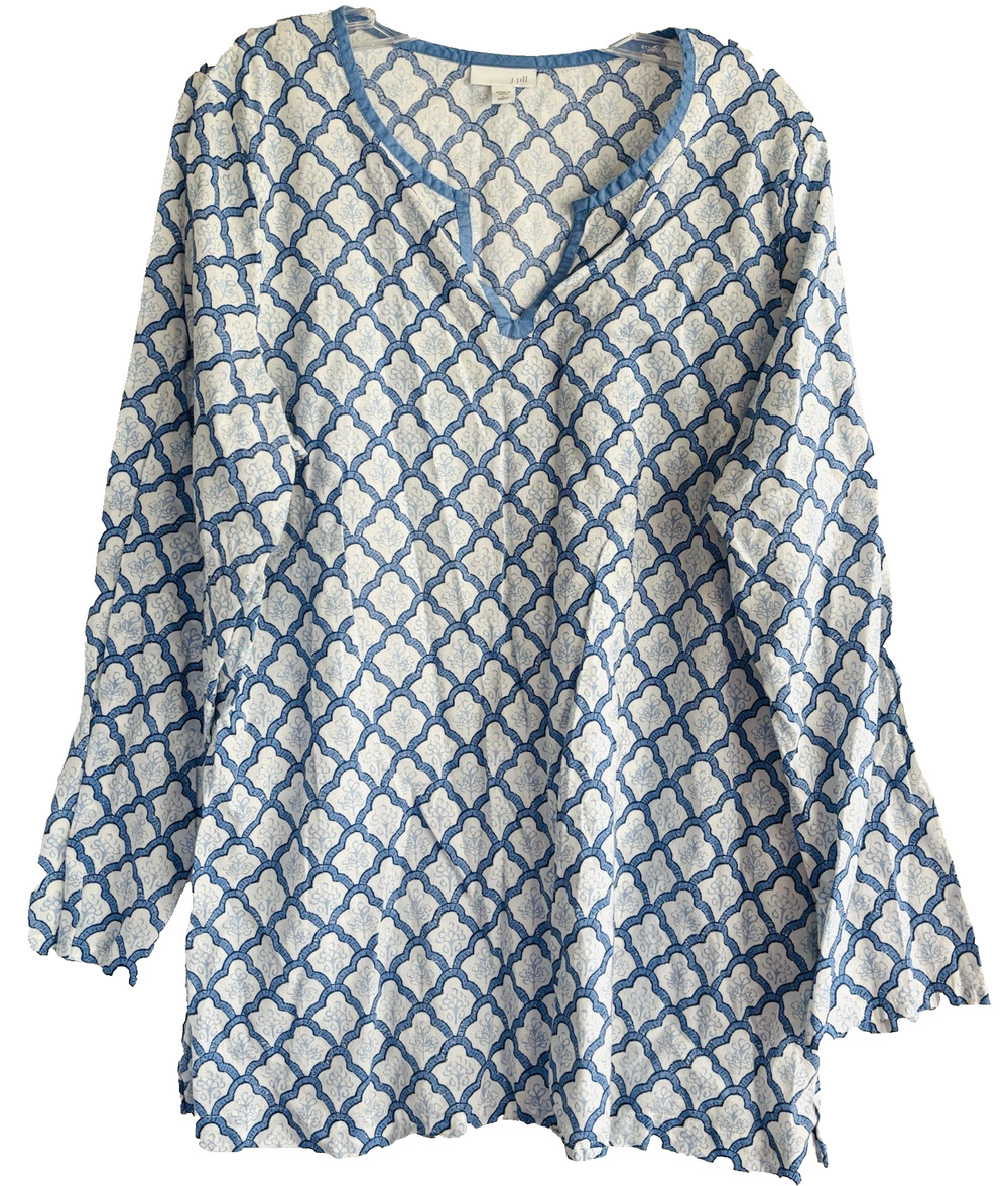 J. Jill Blue & White Geometric Kurta Tunic Size L Missy Cotton Top